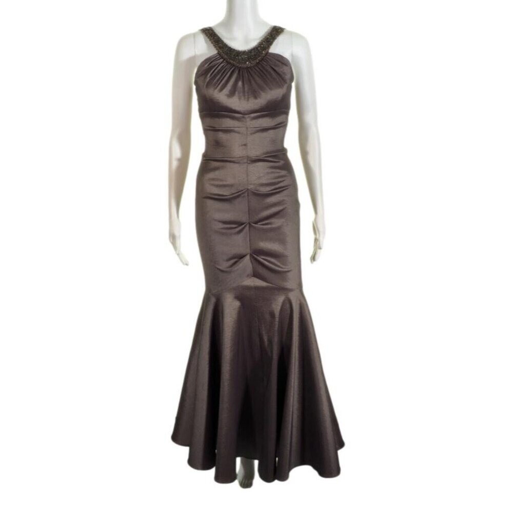 Cache Evening Gown Size 2 Sleeveless Rouched Beaded Bronze Slit Mermaid